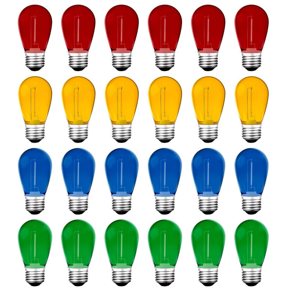 Meconard 24Pack S14 Colored LED String Light Bulbs, 1watt Plastic Shatterproof Waterproof Outdoor Indoor Replacement Bulbs for Home Decor, E26 Medium Base,